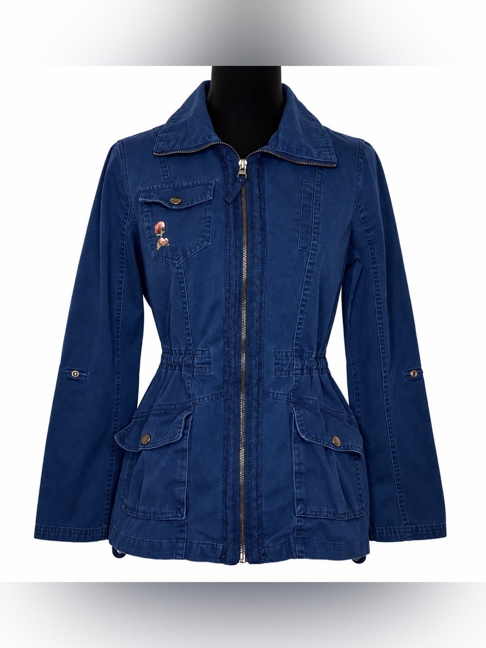 Ashley Navy Blue Floral Embroidery Parka Utility Jacket Size small